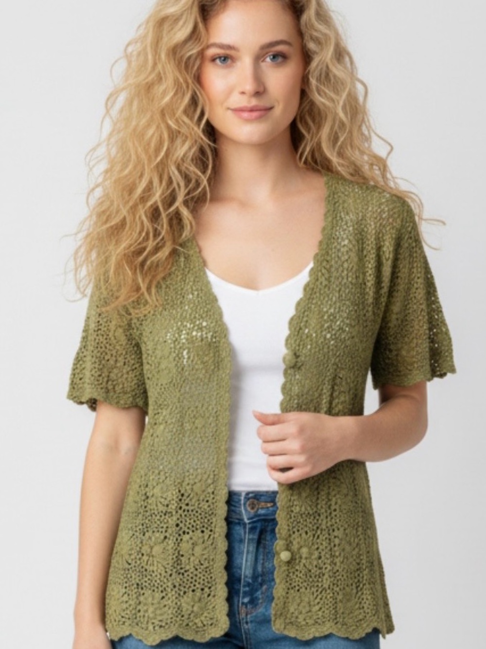 White Stag Olive Green Crochet Short-Sleeve Cardigan